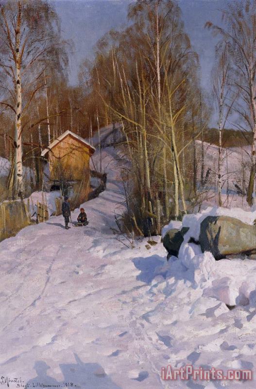 A Winter Landscape With Children Sledging painting - Peder Monsted A Winter Landscape With Children Sledging Art Print