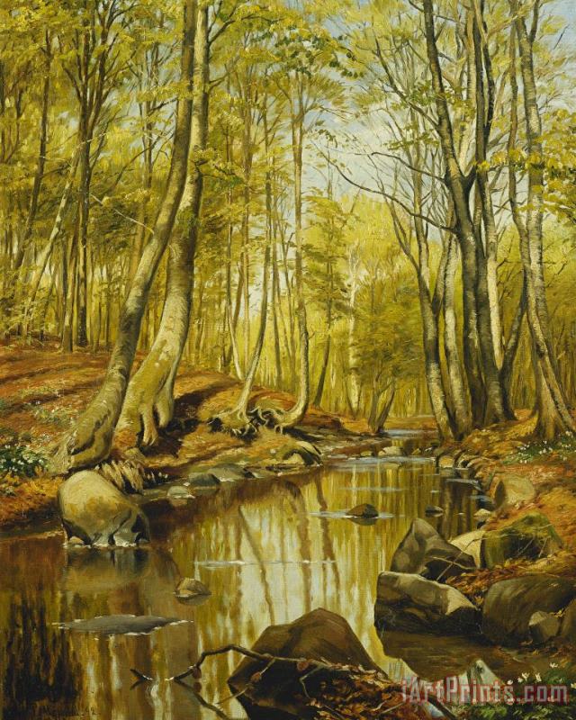 A Wooded River Landscape painting - Peder Monsted A Wooded River Landscape Art Print