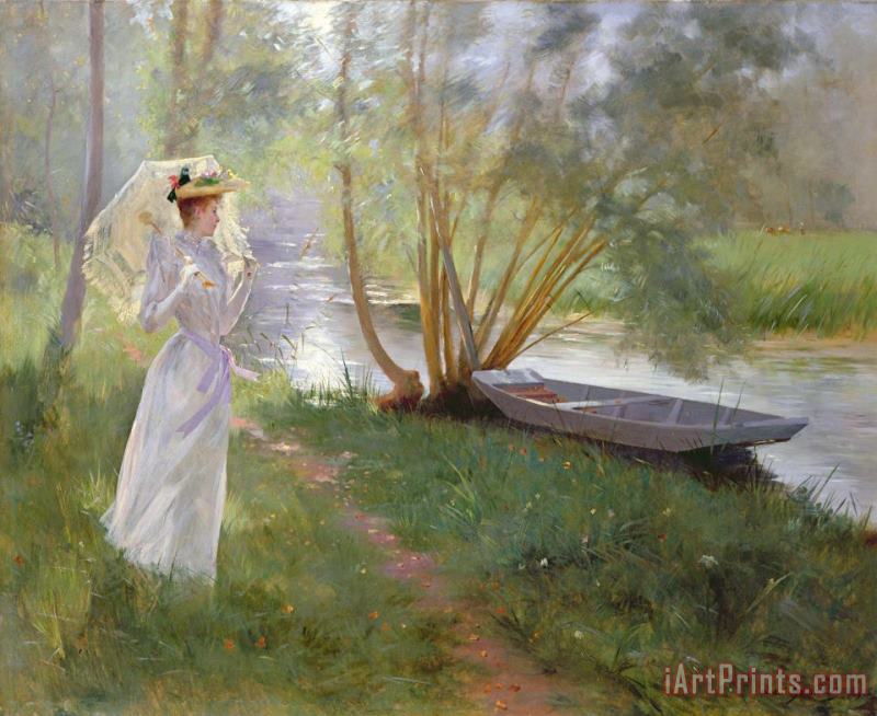 A walk by the river painting - Pierre Andre Brouillet A walk by the river Art Print