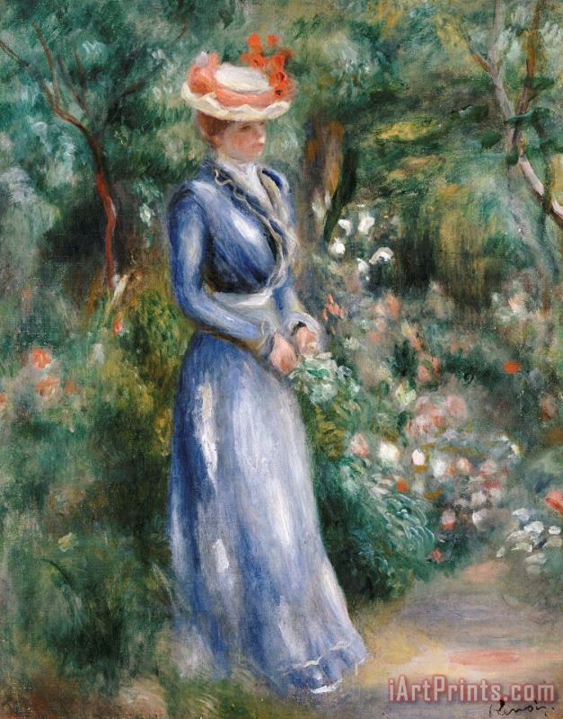 Pierre Auguste Renoir Woman in a Blue Dress Standing in the Garden at Saint-Cloud Art Print