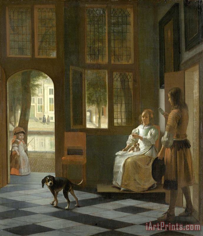 Man Handing a Letter to a Woman in The Entrance Hall of a House painting - Pieter de Hooch Man Handing a Letter to a Woman in The Entrance Hall of a House Art Print
