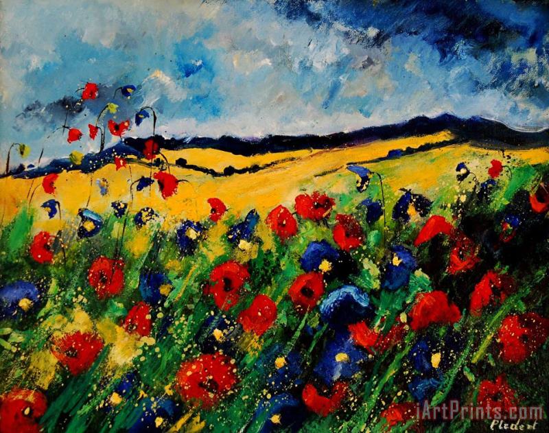 Pol Ledent Blue and red poppies 45 Art Print