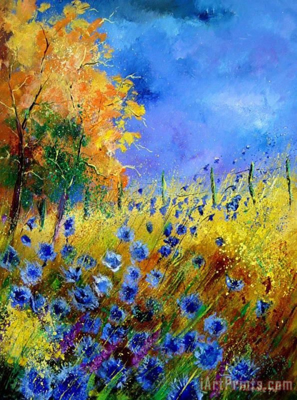 Pol Ledent Orange tree and blue cornflowers Art Painting