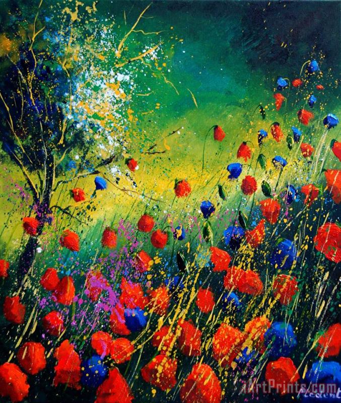 Red And Blue Poppies painting - Pol Ledent Red And Blue Poppies Art Print