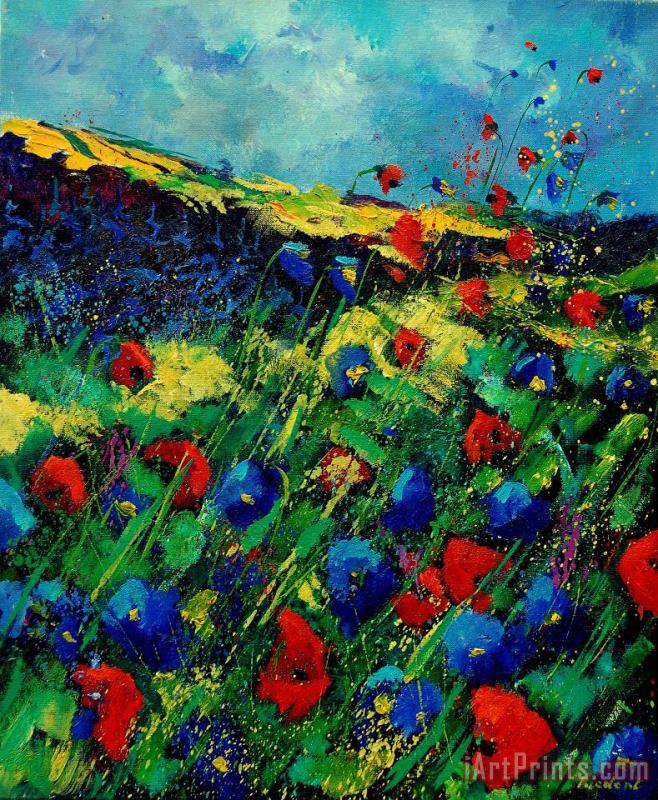 Red and blue poppies 56 painting - Pol Ledent Red and blue poppies 56 Art Print