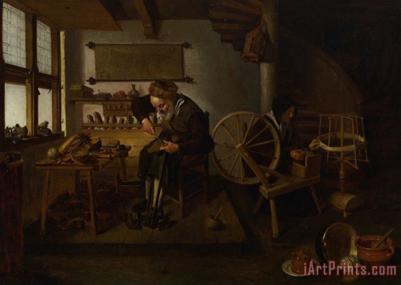 Quiringh Gerritsz. Van Brekelenkam A Cobbler at Work with His Wife Spinning Wool Art Painting