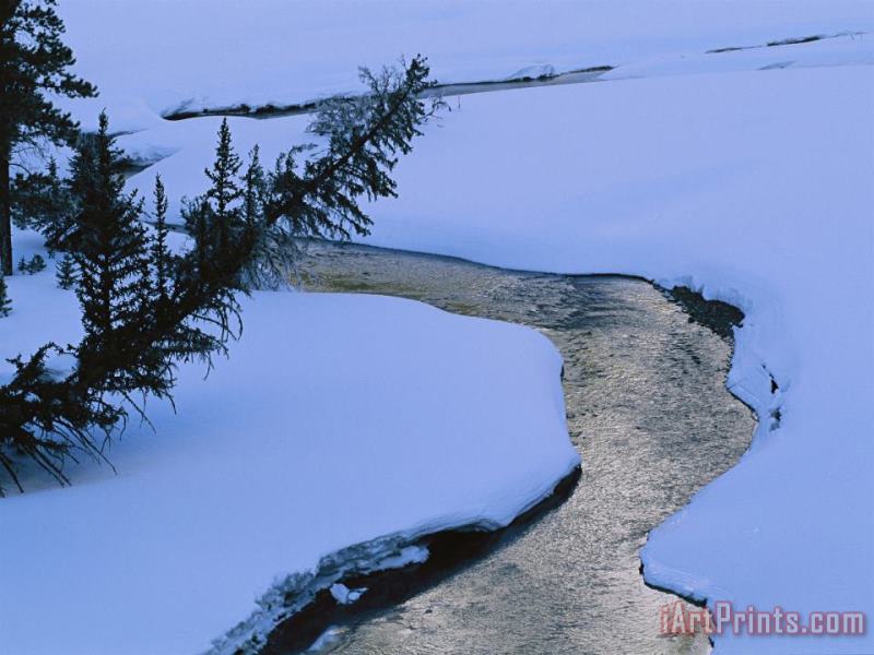 A Twilight View of Baronette Creek Winding Through a Snowy Landscape painting - Raymond Gehman A Twilight View of Baronette Creek Winding Through a Snowy Landscape Art Print