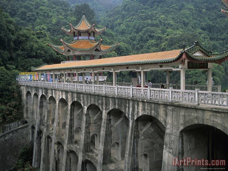 Raymond Gehman An Ornate Covered Bridge Over a Gorge on Dinghu Mountain Art Painting