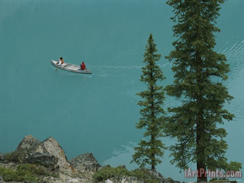 Canoeists on Moraine Lake painting - Raymond Gehman Canoeists on Moraine Lake Art Print