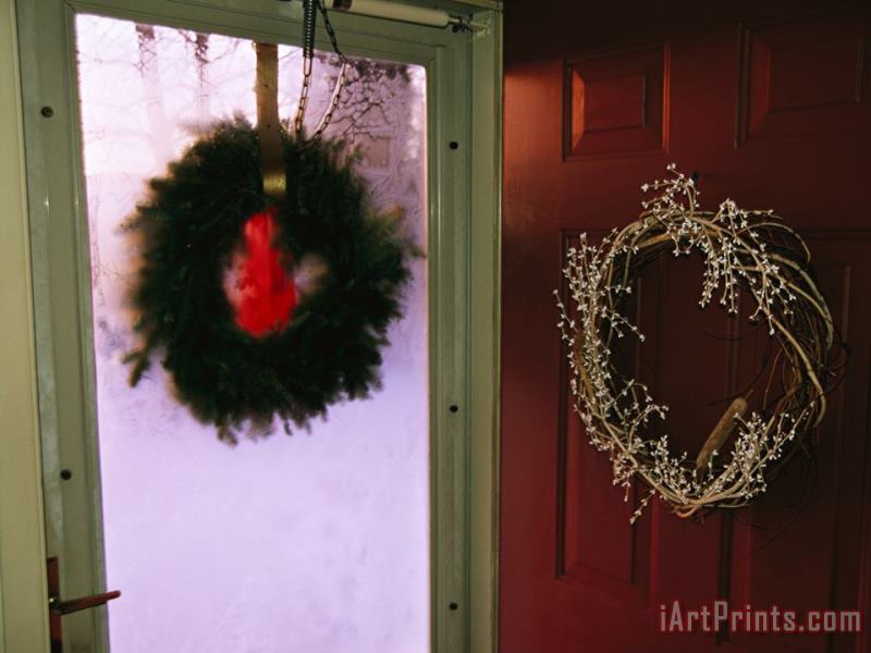 Raymond Gehman Christmas Wreaths Hanging on The Storm And Front Doors of a House Art Painting
