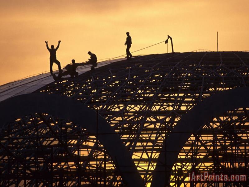 Raymond Gehman Construction Workers on Dome of Swimming Pool at Sunset Qinhuangdao Art Painting