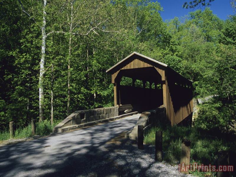 Raymond Gehman Covered Wooden Bridge in a Woodland Setting Art Painting