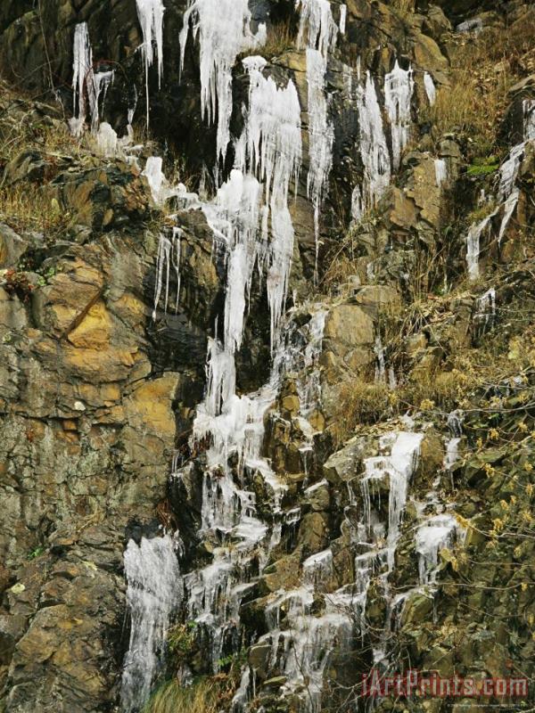 Ice Formations Seeping From Crescent Rock painting - Raymond Gehman Ice Formations Seeping From Crescent Rock Art Print