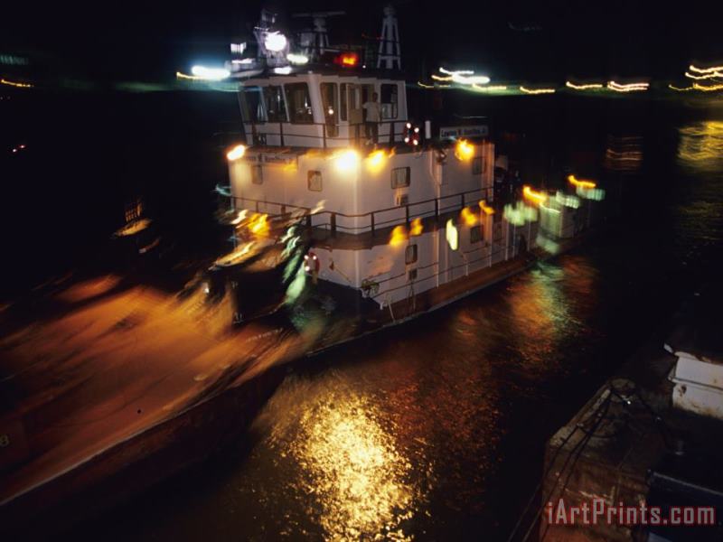 Raymond Gehman Night View of a Barge And It's Tug on The Kanawha River Art Painting