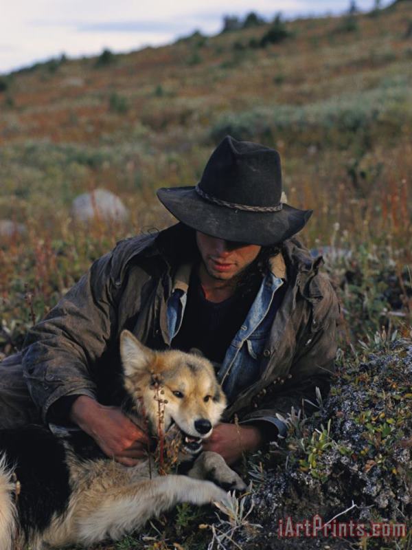 Raymond Gehman Portrait of a Wrangler with His Pet Dog in Jasper National Park Art Print