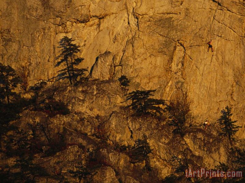 Raymond Gehman Rock Outcrop with Sheer Cliffs And Silhouetted Evergreen Trees Art Painting