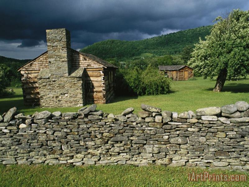 Storm Clouds Form Above Log Buildings on The Site of French Azilum painting - Raymond Gehman Storm Clouds Form Above Log Buildings on The Site of French Azilum Art Print