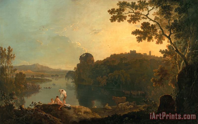 Richard Wilson River scene- bathers and cattle Art Painting