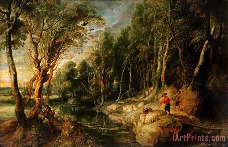 Rubens A Shepherd with his Flock in a Woody landscape Art Painting