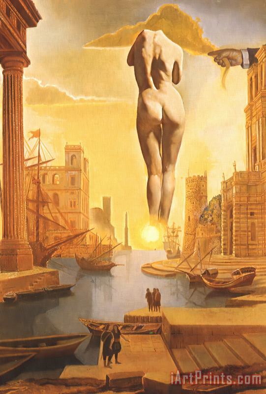 Salvador Dali Dali's Hand Drawing Back The Golden Fleece in The Form of a Cloud to Show Gala Completely Nude Art Print