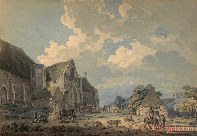 The Tithe Barn at Abbotsbury with The Abbey on The Hill painting - Thomas Girtin The Tithe Barn at Abbotsbury with The Abbey on The Hill Art Print
