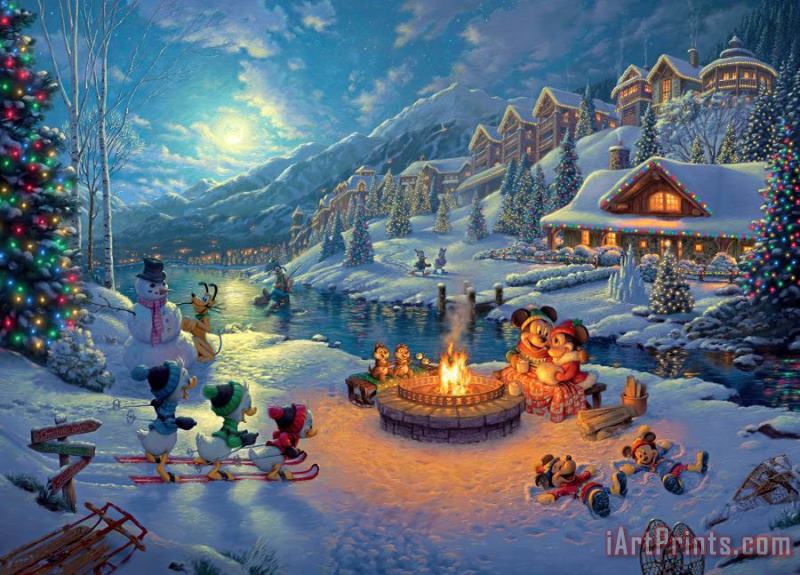 Thomas Kinkade Disney Mickey And Minnie Christmas Lodge Art Painting