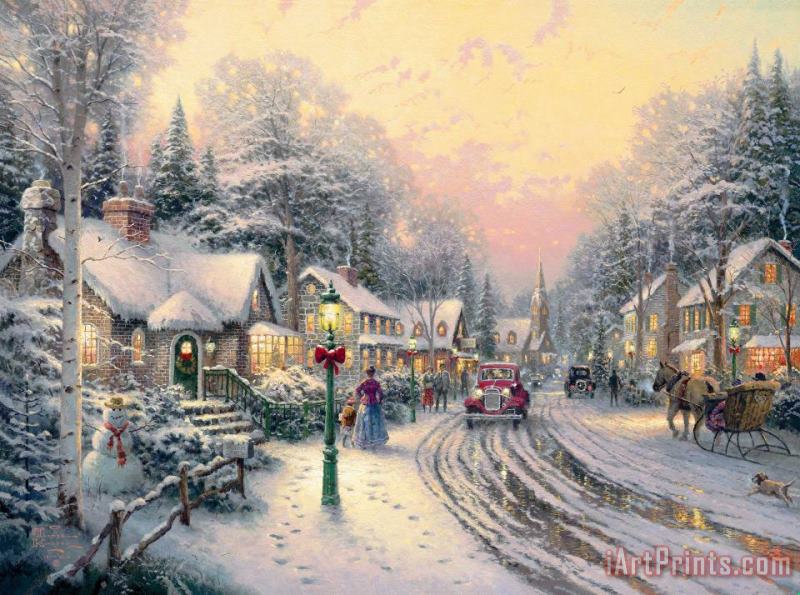 Thomas Kinkade Village Christmas Art Painting