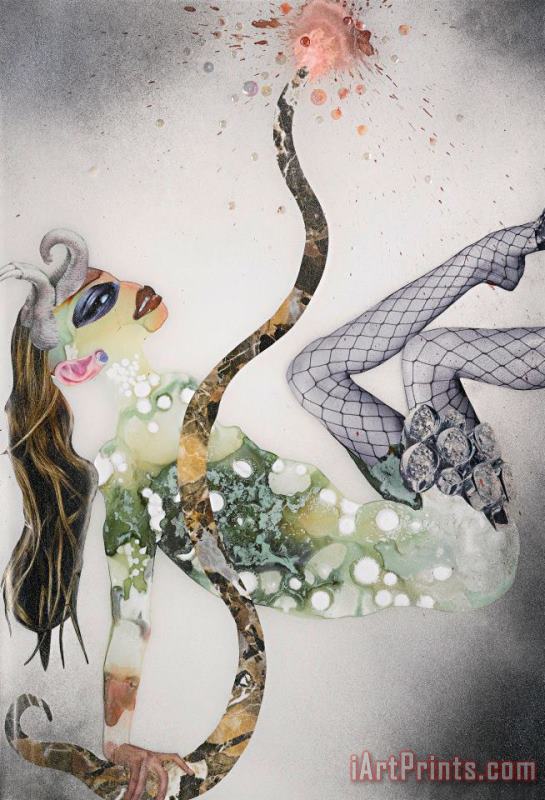 Untitled (female in Fishnet) painting - Wangechi Mutu Untitled (female in Fishnet) Art Print