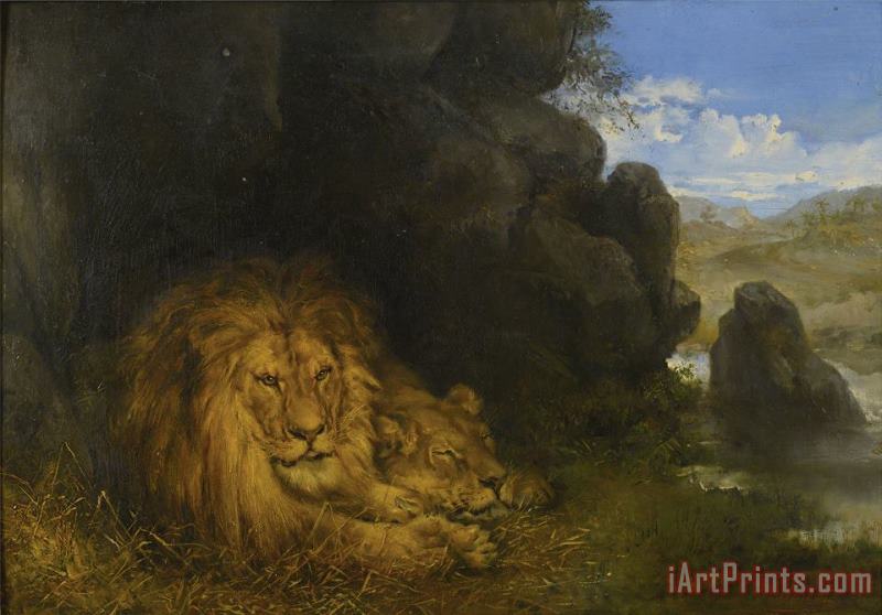 Lions in a Cave painting - Wilhelm Kuhnert Lions in a Cave Art Print