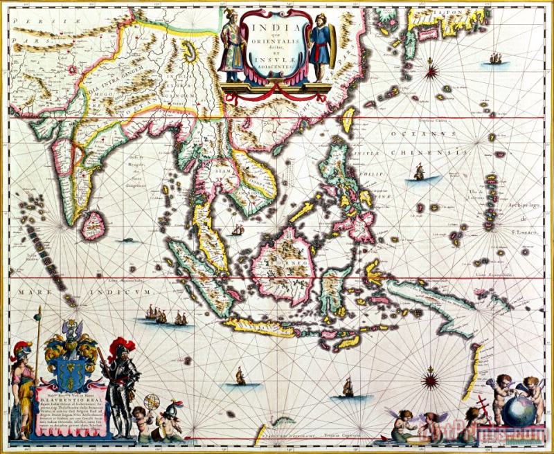 Willem Blaeu Antique map showing Southeast Asia and The East Indies Art Painting