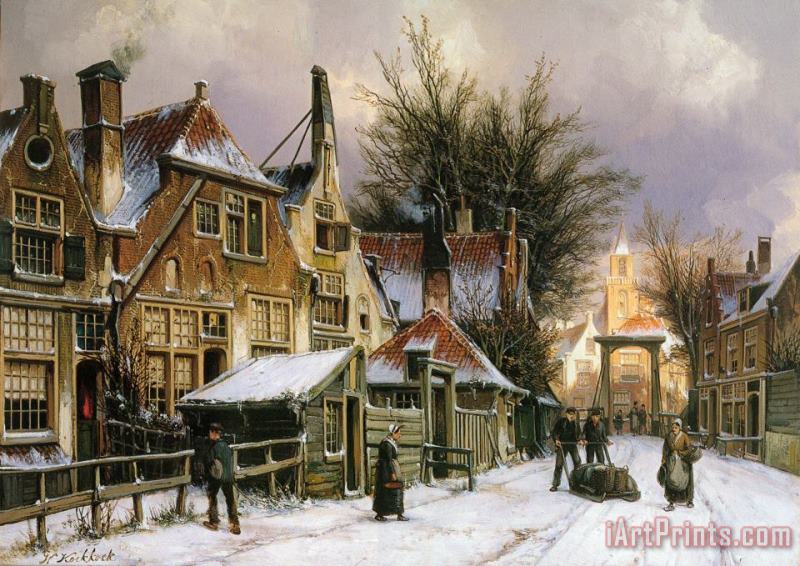A Townview with Figures on a Snow Covered Street painting - Willem Koekkoek A Townview with Figures on a Snow Covered Street Art Print