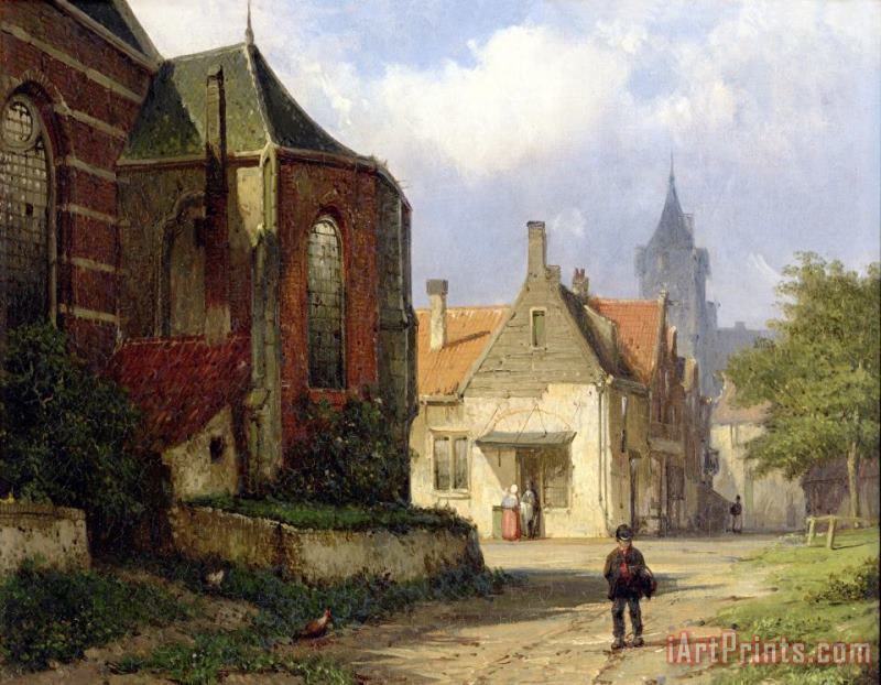 Willem Koekkoek Figure before a Redbrick Church in a Dutch Town Art Painting