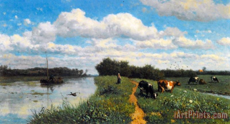 Willem Roelofs Cows Grazing Near a Canal, Schiedam Art Painting
