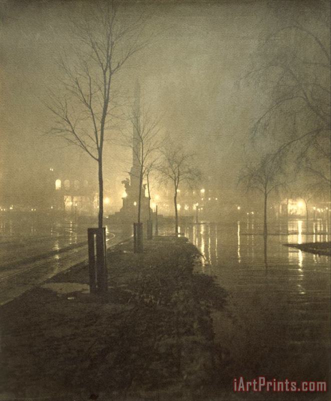 A Wet Night, Columbus Circle painting - William A. Fraser A Wet Night, Columbus Circle Art Print
