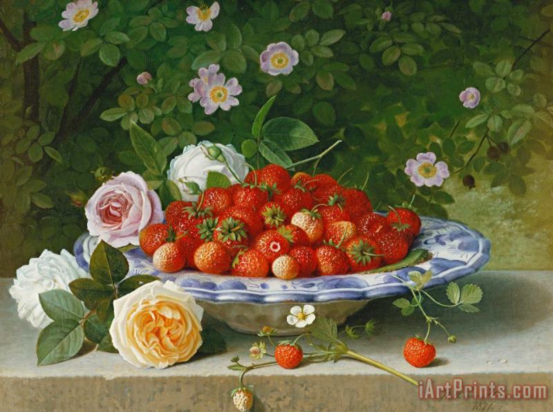 William Hammer Strawberries In A Blue And White Buckelteller With Roses And Sweet Briar On A Ledge Art Print