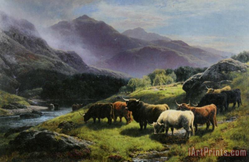 Highland Cattle Grazing by a Mountain Stream painting - William Watson Highland Cattle Grazing by a Mountain Stream Art Print