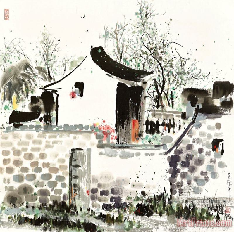 Wu Guanzhong Village Scene Art Painting
