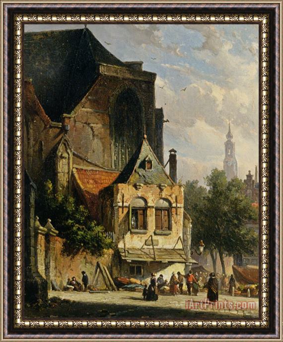 Adrianus Eversen A Busy Market in a Dutch Town Framed Painting