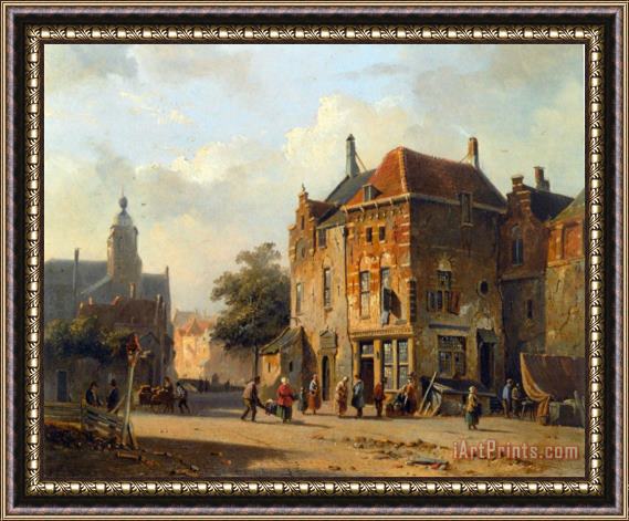 Adrianus Eversen Figures in The Streets of a Dutch Town Framed Print