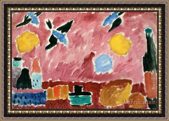 Alexei Jawlensky Still Life with Bottle, Bread And Red Wallpaper with Swallows Framed Painting