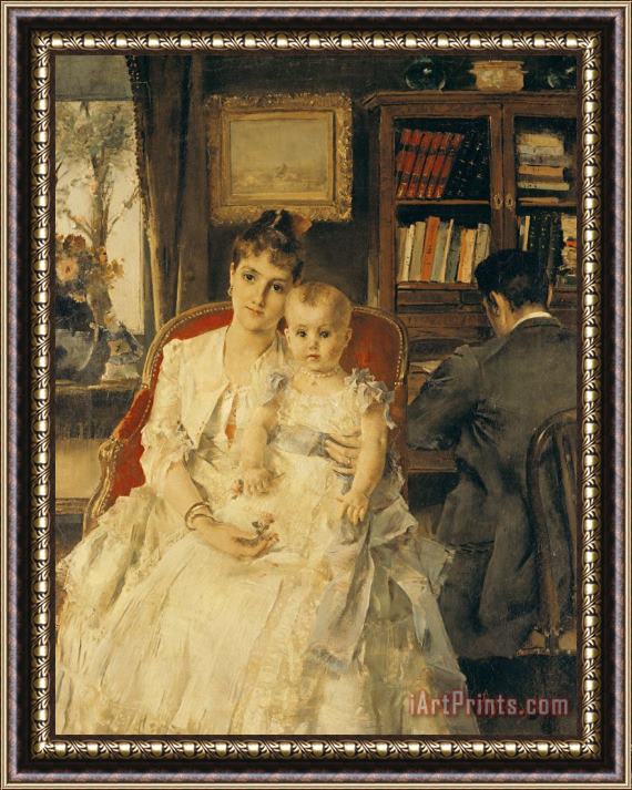 Alfred Emile Stevens Victorian Family Scene Framed Painting
