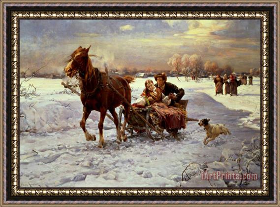 Alfred von Wierusz Kowalski Lovers in a sleigh Framed Painting