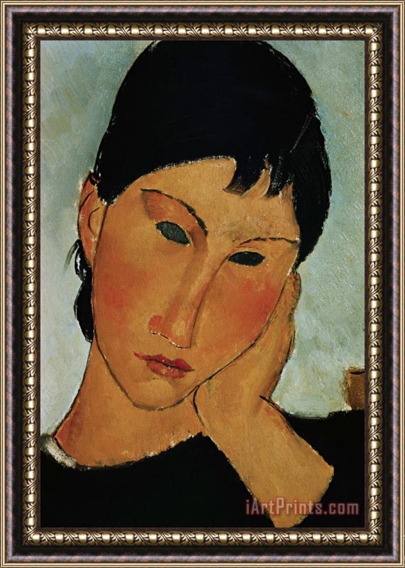 Amedeo Modigliani Detail of Female Head From Elvira Resting at a Table Framed Painting