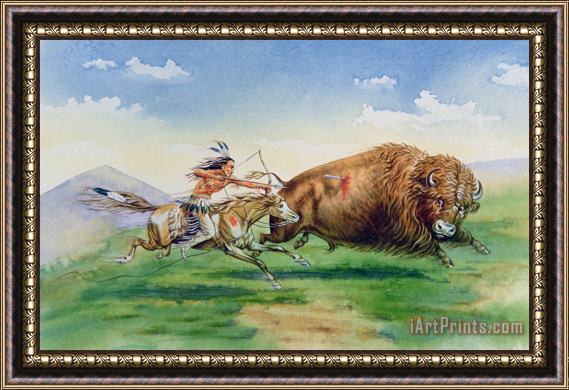 American School Sioux Hunting Buffalo on Decorated Pony Framed Painting