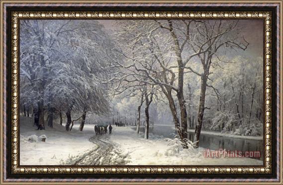 Anders Andersen-Lundby A Winter Landscape with Horses And Carts by a River Framed Print