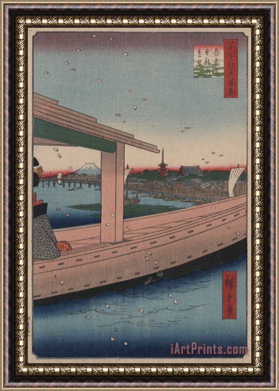 Ando Hiroshige Distant View of Kinryu Zan Temple And Azuma Bridge Framed Painting