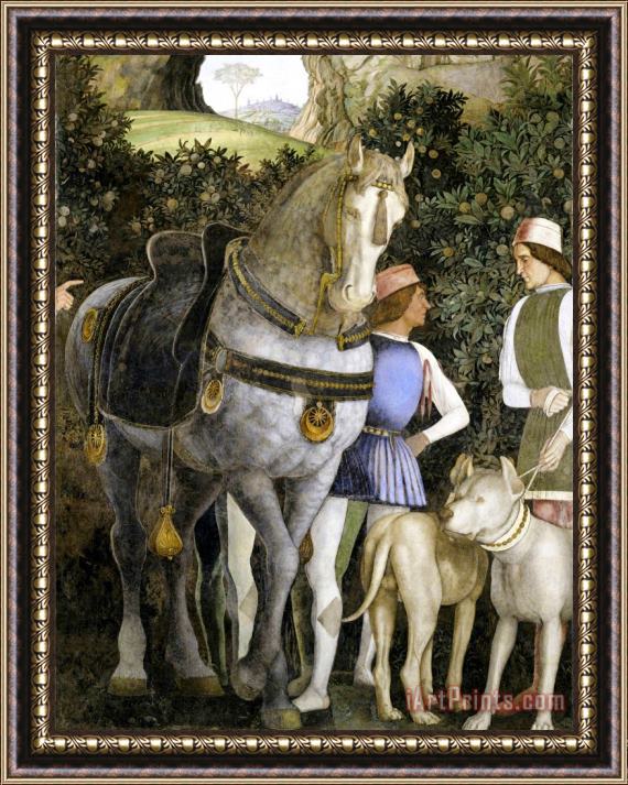 Andrea Mantegna la camera degli sposi: grooms with horse and two dogs Framed Print
