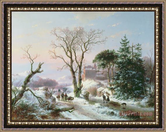 Andreas Schelfhout Wooded Winter River Landscape Framed Painting