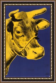 Yellow Framed Paintings - Cow Yellow on Blue Background by Andy Warhol