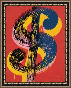 Yellow Framed Paintings - Dollar Sign C 1981 Black And Yellow on Red by Andy Warhol